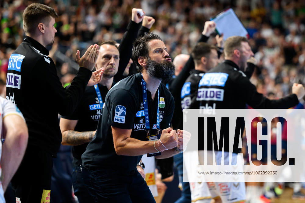 Cologne, Germany Handball EHF CL Final 4 Semi-Final Barca SC Magdeburg Coach Bennet Wiegert Magdeburg Jubel Freude Emotion Cologne Lanxess Arena North Rhine-Westphalia Germany
