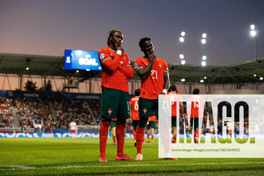 Geovany Quenda and Roger Fernandes seen celebrating after scoring goal during UEFA EURO, EM, Europameisterschaft,Fussball U-21 2025 game between national teams of Portugal and Poland (Maciej Rogowski) Trencin Stadion na Sihoti Slovakia