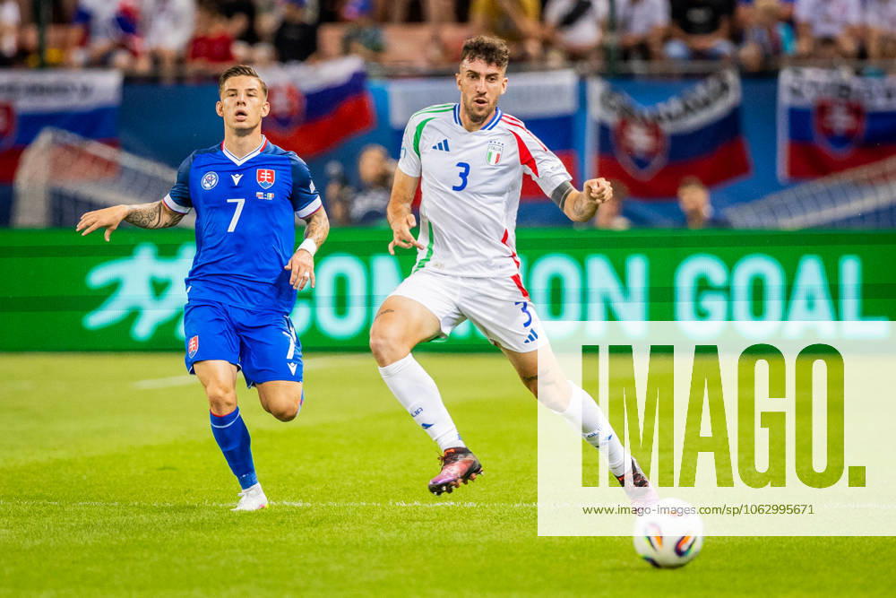 SLOVAKIA U21, U 21 - ITALY U21 Tomas Suslov of Slovakia and Matteo Ruggeri of Italy during the UEFA European Under-21 Championship 2025 Group A football match between Slovakia U21 and Italy U21. Stadium City Arena, Trnava, Slovakia, June 14, 2025. Photo by Branislav Racko