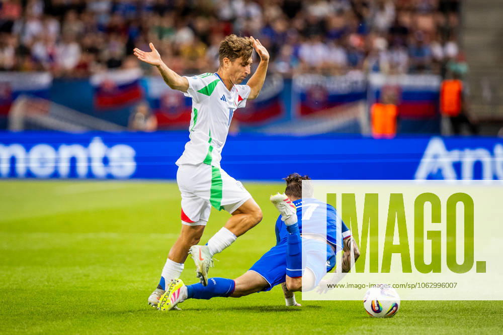 SLOVAKIA U21, U 21 - ITALY U21 Tomas Suslov of Slovakia and Tommaso Baldanzi of Italy during the UEFA European Under-21 Championship 2025 Group A football match between Slovakia U21 and Italy U21. Stadium City Arena, Trnava, Slovakia, June 14, 2025. Photo by Branislav Racko