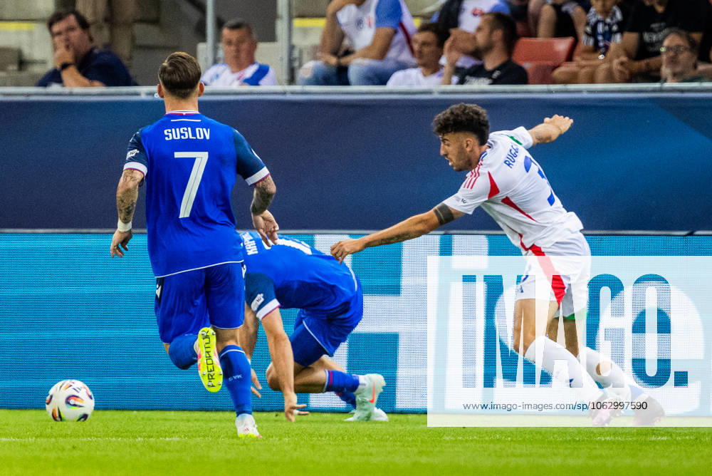 SLOVAKIA U21, U 21 - ITALY U21 Tomas Suslov of Slovakia and Matteo Ruggeri of Italy during the UEFA European Under-21 Championship 2025 Group A football match between Slovakia U21 and Italy U21. Stadium City Arena, Trnava, Slovakia, June 14, 2025. Photo by Branislav Racko