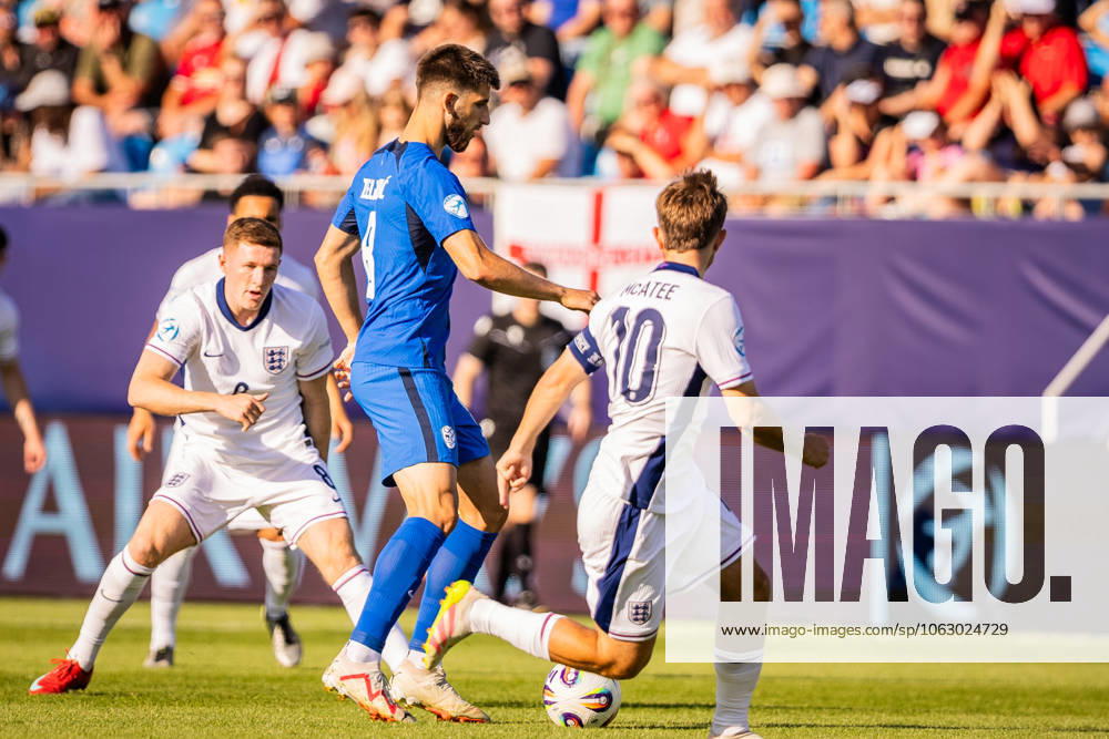 ENGLAND U21, U 21 - SLOVENIA U21 Elliot Anderson of England and Adrian Zeljkovic of Slovenia during the UEFA European Under-21 Championship 2025 Group B football match between England U21 and Slovenia U21. Stadium Nitra Arena, Nitra, Slovakia, June 15, 2025. Photo by Branislav Racko