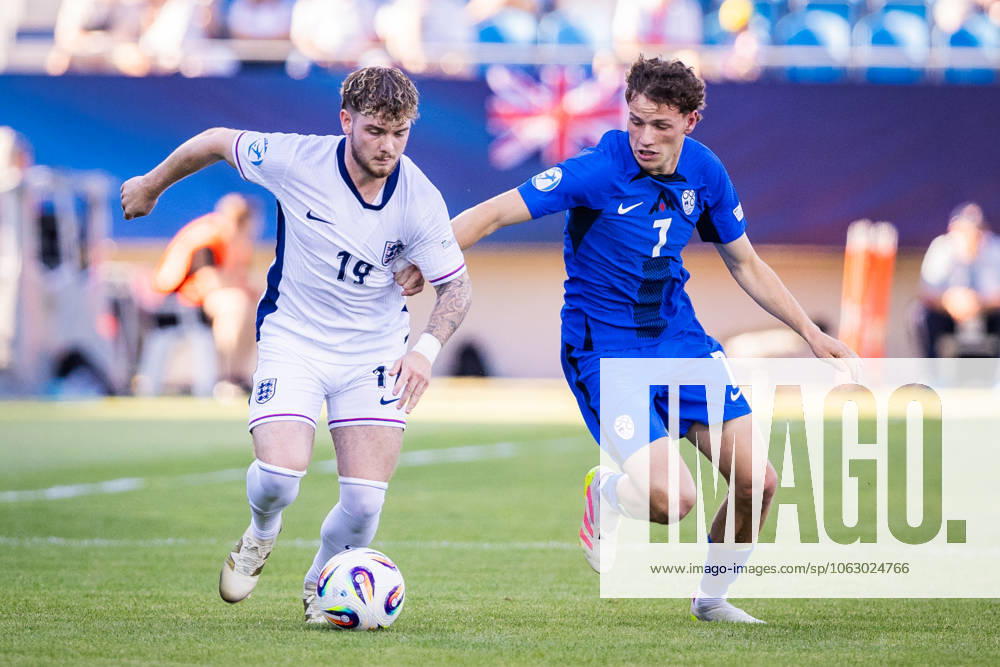 ENGLAND U21, U 21 - SLOVENIA U21 Harvey Elliott of England and Tjas Begic of Slovenia during the UEFA European Under-21 Championship 2025 Group B football match between England U21 and Slovenia U21. Stadium Nitra Arena, Nitra, Slovakia, June 15, 2025. Photo by Branislav Racko