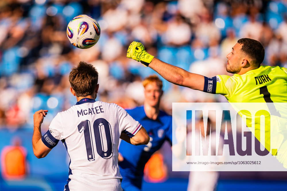 ENGLAND U21, U 21 - SLOVENIA U21 James McAtee of England and Martin Turk of Slovenia during the UEFA European Under-21 Championship 2025 Group B football match between England U21 and Slovenia U21. Stadium Nitra Arena, Nitra, Slovakia, June 15, 2025. Photo by Branislav Racko