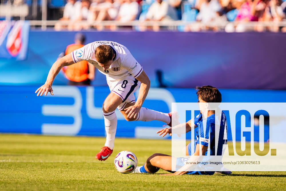 ENGLAND U21, U 21 - SLOVENIA U21 Elliot Anderson of England and Enrik Ostrc of Slovenia during the UEFA European Under-21 Championship 2025 Group B football match between England U21 and Slovenia U21. Stadium Nitra Arena, Nitra, Slovakia, June 15, 2025. Photo by Branislav Racko
