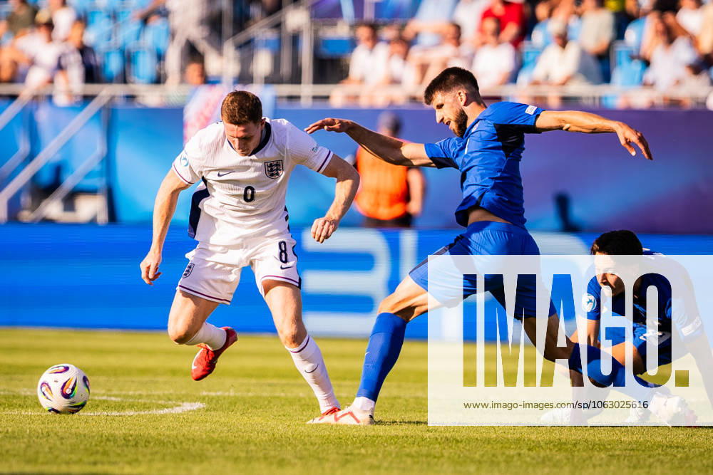 ENGLAND U21, U 21 - SLOVENIA U21 Elliot Anderson of England and Adrian Zeljkovic of Slovenia during the UEFA European Under-21 Championship 2025 Group B football match between England U21 and Slovenia U21. Stadium Nitra Arena, Nitra, Slovakia, June 15, 2025. Photo by Branislav Racko