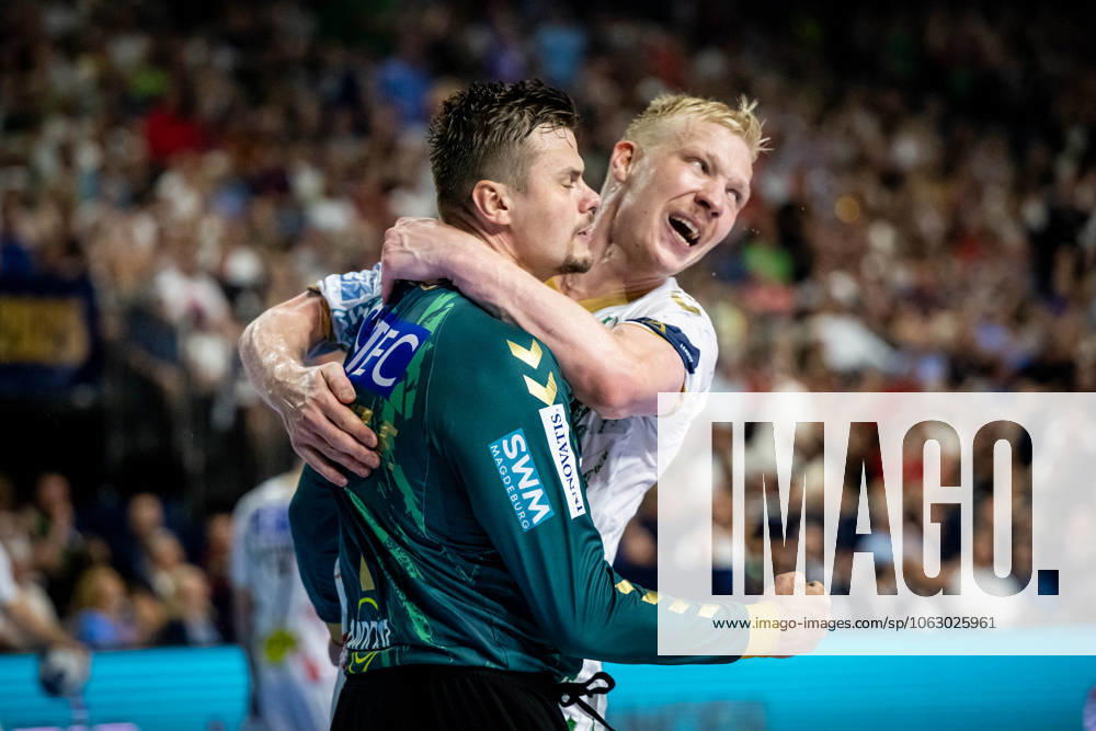 Handball Cologne 15 06 2025 EHF Final4 2025 Champions League Championsleague Final Füchse Berlin SC Magdeburg Hernandez Ferrer Sergey Magdeburg, TW, No 01 Jensen Magnus Saugstrup Magdeburg, No 23 jubel