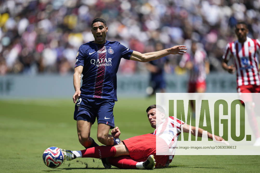 Paris Saint-Germain FC v Club Atletico de Madrid: Group B - FIFA Club World Cup 2025 PASADENA, CALIFORNIA - JUNE 15: Achraf Hakimi right-back of PSG and Morocco and Clement Lenglet centre-back of Atletico de Madrid and France compete for the ball during the FIFA Club World Cup 2025 group B match between Paris Saint-Germain FC and Club Atletico de Madrid at Rose Bowl Stadium on June 15, 2025 in Pasadena, California. Jose Hernandez Anadolu California United States. Editorial use only. Please get in touch for any other usage.