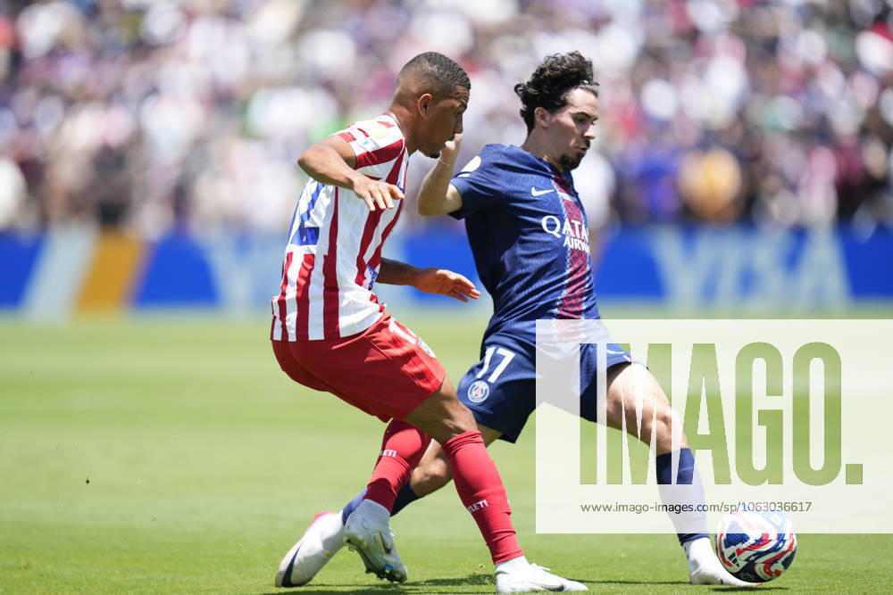 Paris Saint-Germain FC v Club Atletico de Madrid: Group B - FIFA Club World Cup 2025 PASADENA, CALIFORNIA - JUNE 15: Samuel Lino left winger of Atletico de Madrid and Brazil and Vitinha central midfield of PSG and Portugal compete for the ball during the FIFA Club World Cup 2025 group B match between Paris Saint-Germain FC and Club Atletico de Madrid at Rose Bowl Stadium on June 15, 2025 in Pasadena, California. Jose Hernandez Anadolu California United States. Editorial use only. Please get in touch for any other usage.
