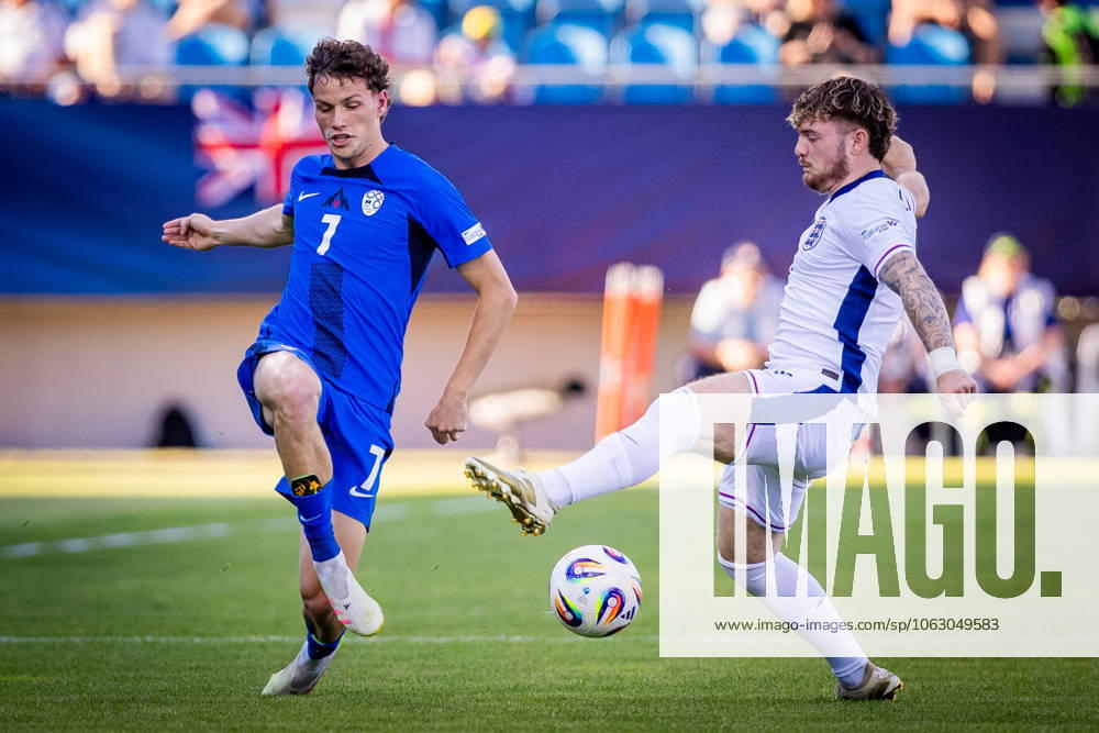 ENGLAND U21, U 21 - SLOVENIA U21 Harvey Elliott of England and Tjas Begic of Slovenia during the UEFA European Under-21 Championship 2025 Group B football match between England U21 and Slovenia U21. Stadium Nitra Arena, Nitra, Slovakia, June 15, 2025. Photo by Branislav Racko
