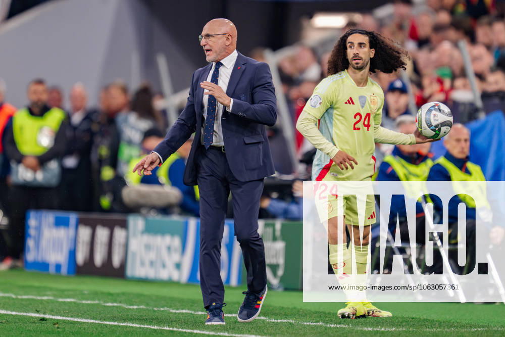 Portugal Vs Spain during the UEFA Nations League 2025 final match in Munich, Germany Luis de la Fuente (L) coach of Spain and Marc Cucurella (R) of Spain are seen during the UEFA Nations League 2025 final match between Portugal and Spain at Munich Football Arena in Munich, Germany.