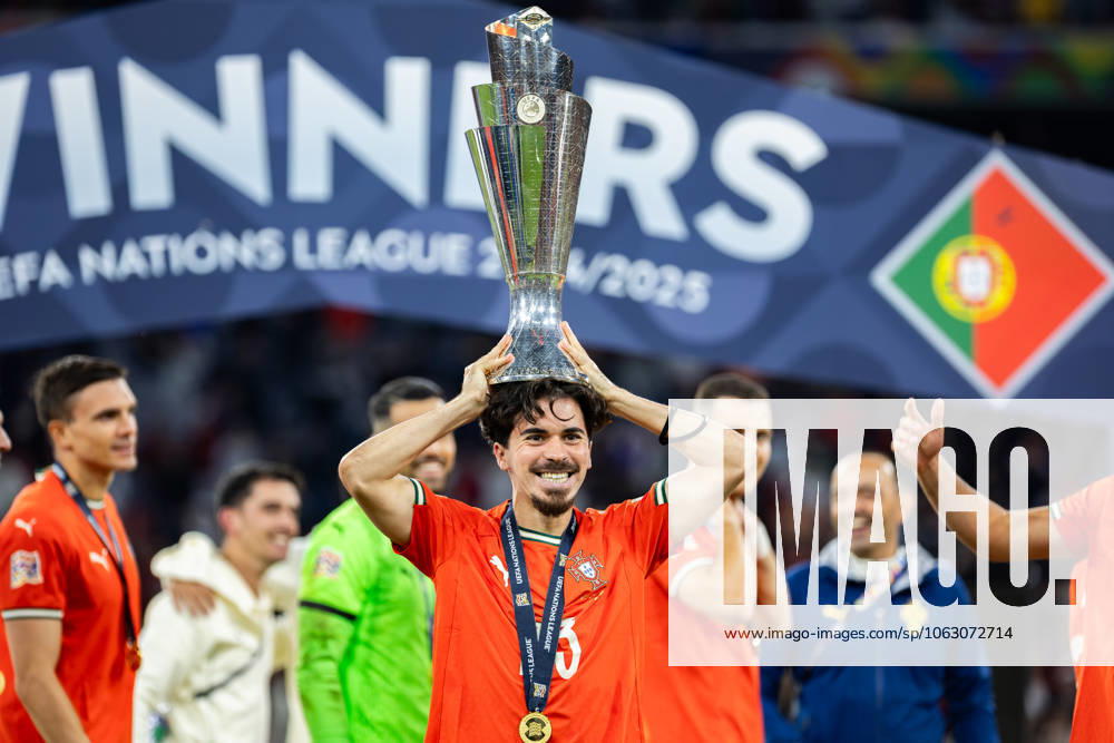 Portugal Vs Spain during the UEFA Nations League 2025 final match in Munich, Germany Vitinha (Vitor Machado Ferreira) of Portugal celebrates a win with trophy during the UEFA Nations League 2025 final match between Portugal and Spain at Munich Football Arena in Munich, Germany.
