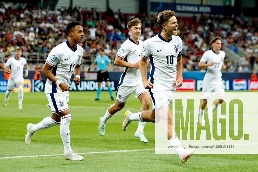 James McAtee of England celebrates scoring a goal after making the score 0-1. Spain U21, U 21 v England U21, UEFA U21 Championship, Quarter-final, Stadion Antona Malatinskeho, Slovakia - 21 Jun 2025