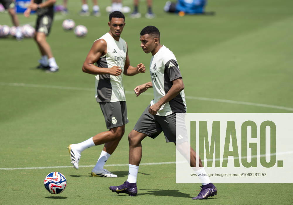 Kylian Mbappe Real Madrid, 9 in the back is Trent Alexander Arnold Real Madrid, 12 on view FIFA Club World Cup Training Real Madrid 25 06 2025, FIFA Club World Cup Training Real Madrid in Gardens North County District Park TBCTS , Palm Beach Gardens, Florida, USA
