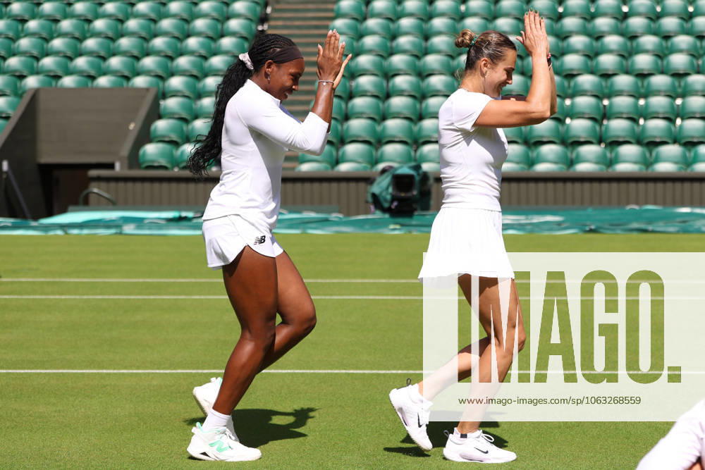 COCO GAUFF of USA and ARYNA SABALENKA during dancing after the practice session before Championships 2025 at Wimbledon AELTC in London. London England - ZUMAc278 20250627_zsp_c278_003