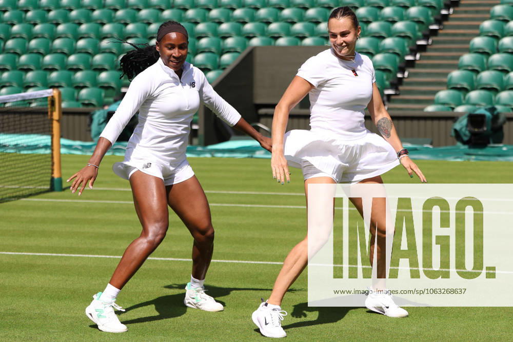 COCO GAUFF of USA and ARYNA SABALENKA during dancing after the practice session before Championships 2025 at Wimbledon AELTC in London. London England - ZUMAc278 20250627_zsp_c278_005