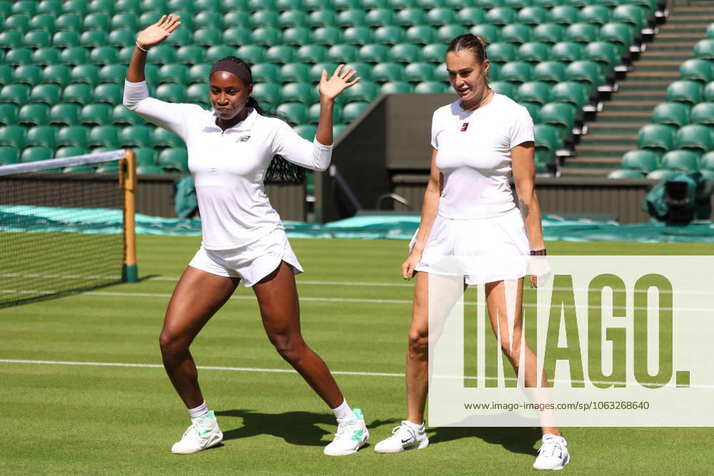 COCO GAUFF of USA and ARYNA SABALENKA during dancing after the practice session before Championships 2025 at Wimbledon AELTC in London. London England - ZUMAc278 20250627_zsp_c278_006