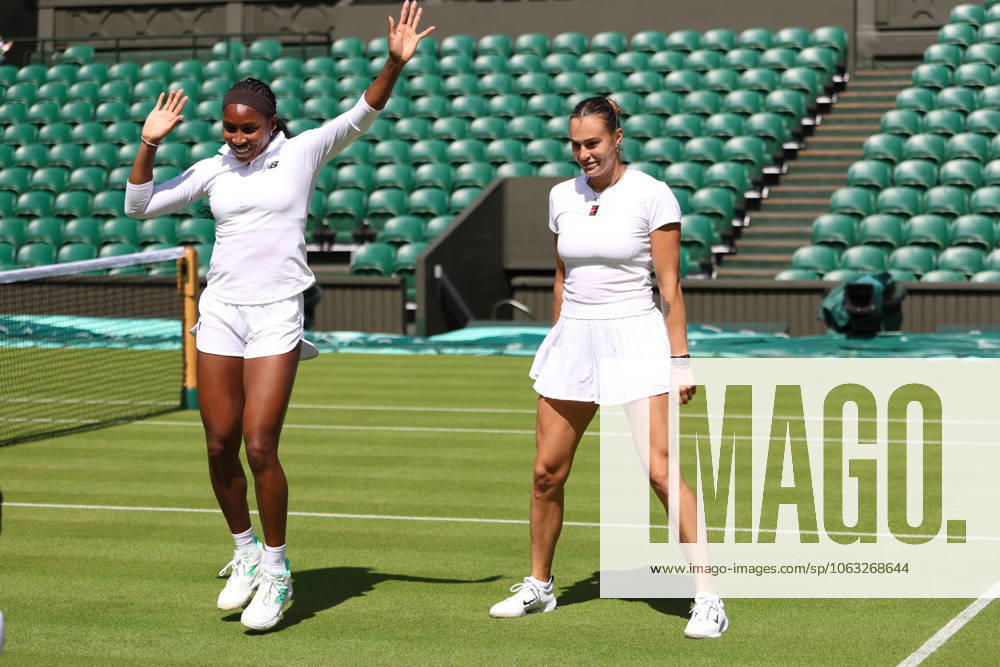 COCO GAUFF of USA and ARYNA SABALENKA during dancing after the practice session before Championships 2025 at Wimbledon AELTC in London. London England - ZUMAc278 20250627_zsp_c278_007