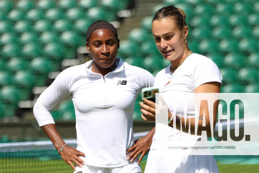 COCO GAUFF of USA and ARYNA SABALENKA after the practice session before Championships 2025 at Wimbledon AELTC in London. London England - ZUMAc278 20250627_zsp_c278_009