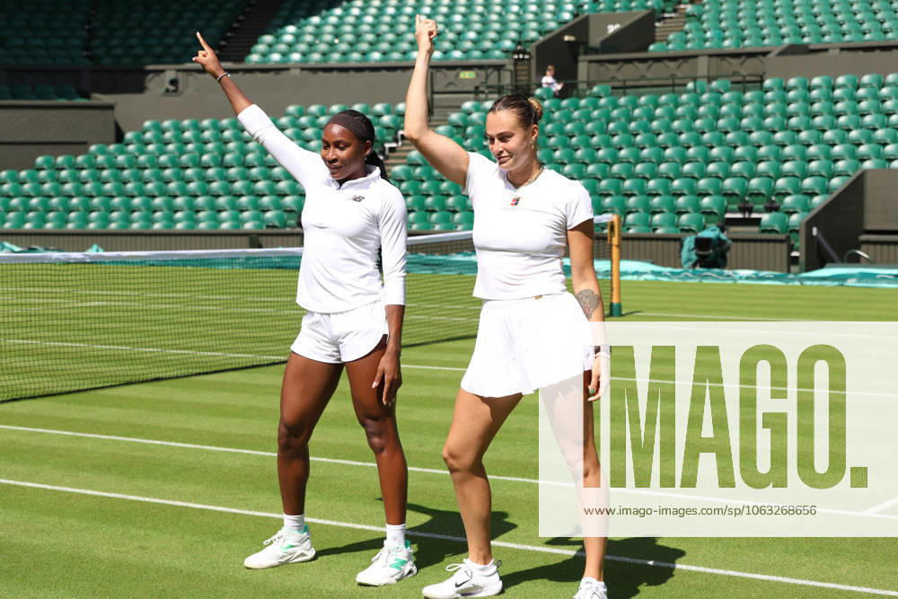 COCO GAUFF of USA and ARYNA SABALENKA during dancing after the practice session before Championships 2025 at Wimbledon AELTC in London. London England - ZUMAc278 20250627_zsp_c278_012
