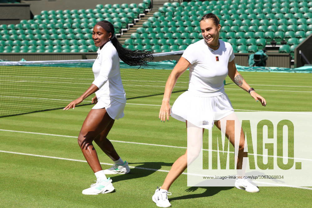 COCO GAUFF of USA and ARYNA SABALENKA during dancing after the practice session before Championships 2025 at Wimbledon AELTC in London. London England - ZUMAc278 20250627_zsp_c278_016