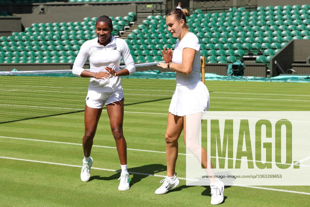COCO GAUFF of USA and ARYNA SABALENKA during dancing after the practice session before Championships 2025 at Wimbledon AELTC in London. London England - ZUMAc278 20250627_zsp_c278_014