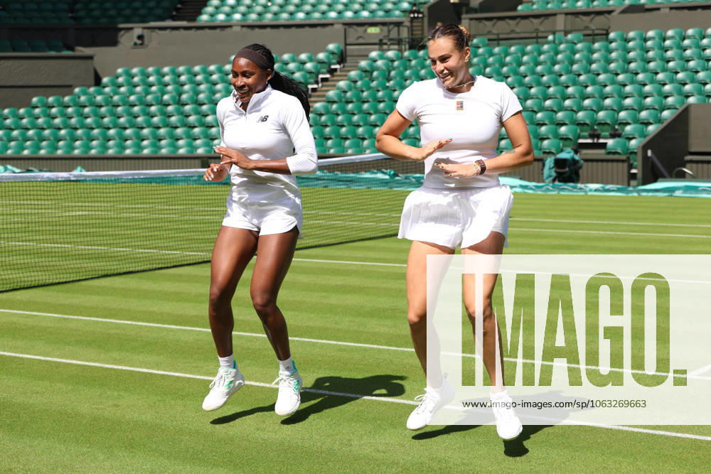 COCO GAUFF of USA and ARYNA SABALENKA during dancing after the practice session before Championships 2025 at Wimbledon AELTC in London. London England - ZUMAc278 20250627_zsp_c278_015