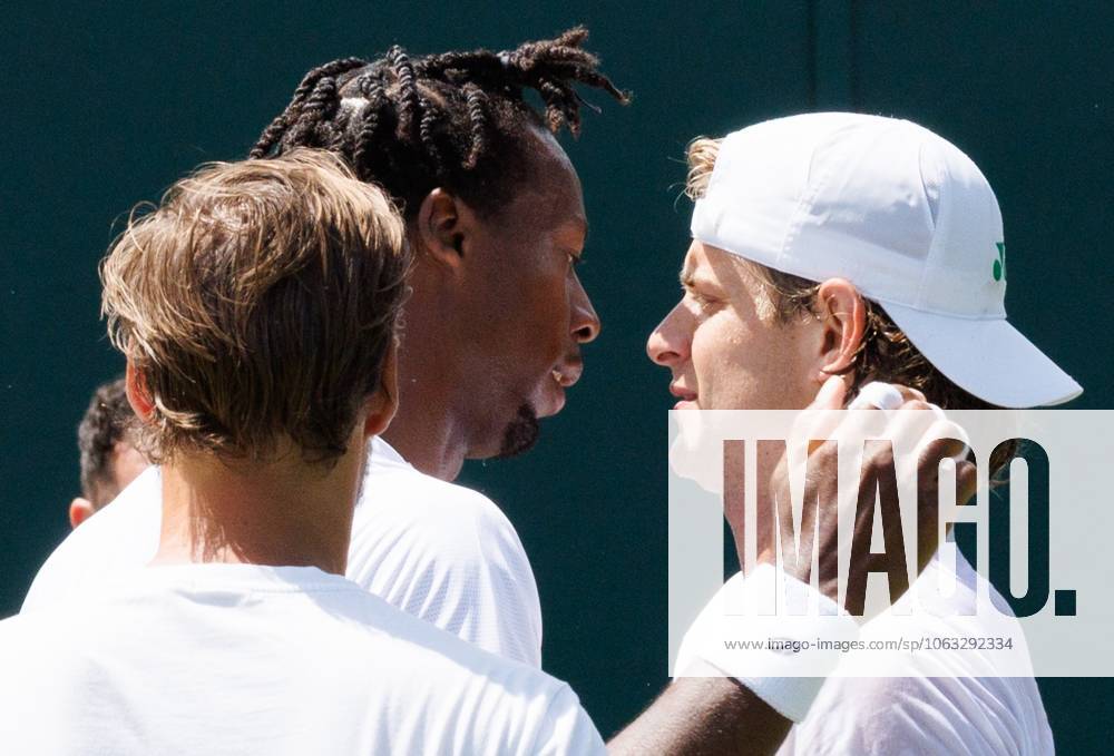French Gael Monfils and Belgian Zizou Bergs pictured after a training session during the 2025 Wimbledon grand slam tennis tournament at the All England Tennis Club, in south-west London, Britain, Saturday 28 June 2025. BENOITxDOPPAGNE x127993930x