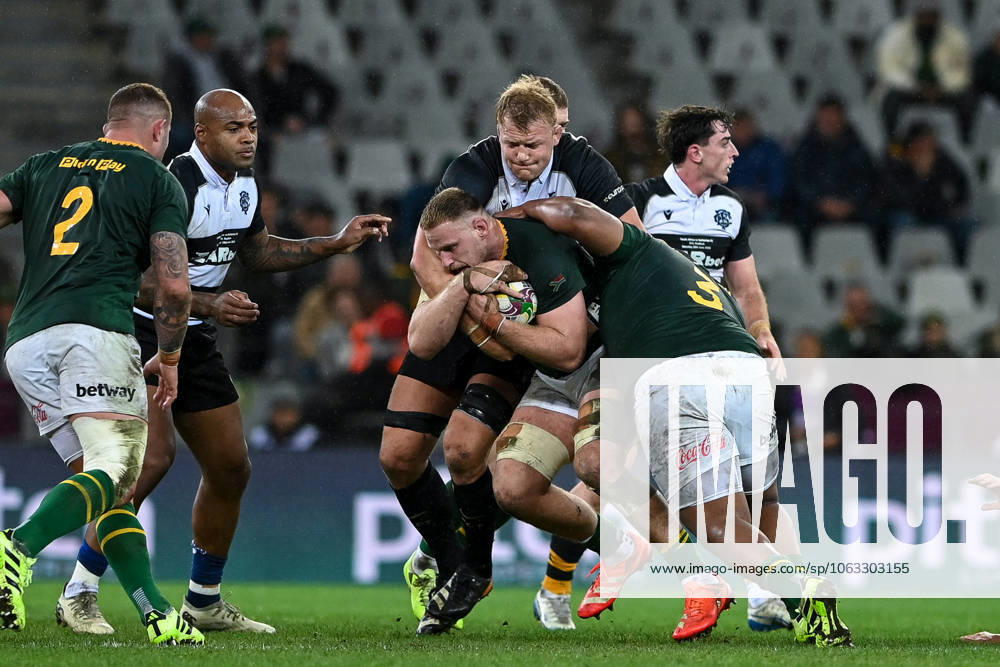 Qatar Airways Cup, DHL Stadium, Cape Town, South Africa 29 6 2025 South Africa vs Barbarians Jean-Luc du Preez of South Africa is tackled by David Ribbans of the Barbarians Jean-Luc du Preez is tackled by David Ribbans 29 6 2025