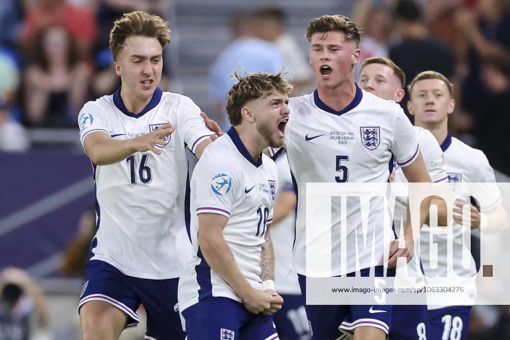 Harvey Elliott England celebrates his goal for 1-0 with Jack Hinshelwood England and Charlie Cresswell England , UEFA European Under 21 Championship 2025 Final, England v Germany Final, National Football Stadium on June 28, 2025 in Bratislava, Slovakia Photo by Marco Steinbrenner DeFodi Images Harvey Elliott England celebrates his goal with teammates with Jack Hinshelwood England and Charlie Cresswell England , UEFA European Under 21 Championship 2025 Final, England v Germany Final, National Football Stadium, June 28, 2025 in Bratislava, Slovakia Photo by Marco Steinbrenner DeFodi Images