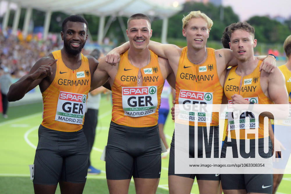Leichtathletik, athletics, Team Europameisterschaften, European Team Championships Super League 2025 ,1 Div Vallehermoso Stadium Madrid , 27 06 29 06 2025 4x100m Men Relay , 4x100m Men relay , DLV Team Lucas peprah Ansah , Julian Wagner, Marvin Schulte, Kevin Kranz, all Germany,