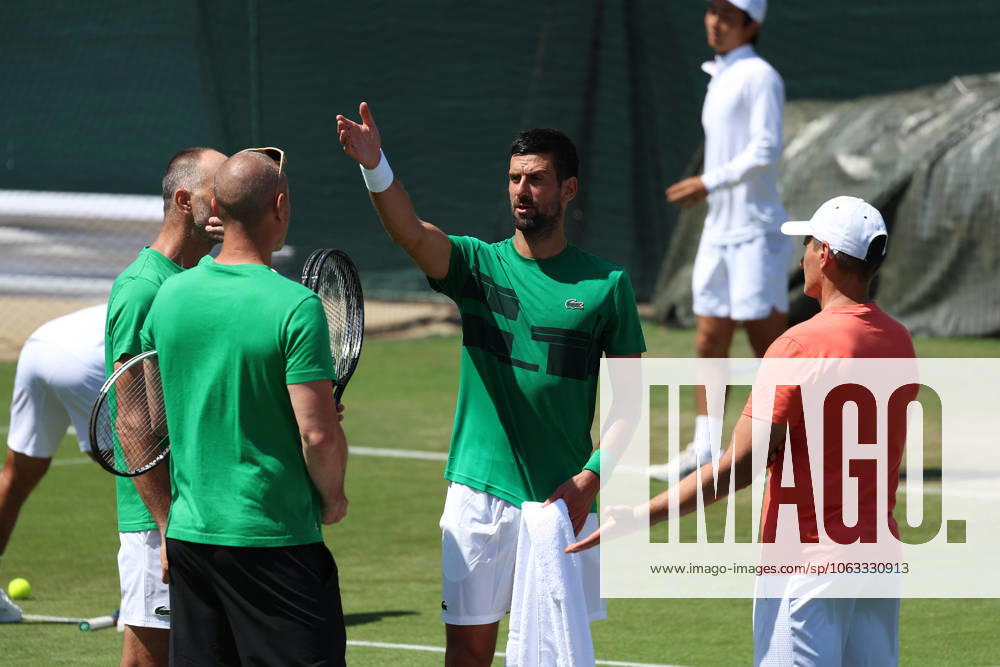 29th June 2025; All England Lawn Tennis and Croquet Club, London, England; Wimbledon Tennis Tournament, Practice Day; Seven-time Wimbledon Champion Novak Djokovic (SRB) practising on the Aorangi courts having a heated discussion with his team and new coach Dusan Vemic ActionPlus12806767 JohnxPatrickxFletcher