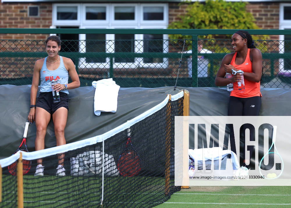 29th June 2025; All England Lawn Tennis and Croquet Club, London, England; Wimbledon Tennis Tournament, Practice Day; Emma Navarro (USA) taking a rest alongside Coco Gauff (USA) on the Aorangi courts ActionPlus12806772 JohnxPatrickxFletcher