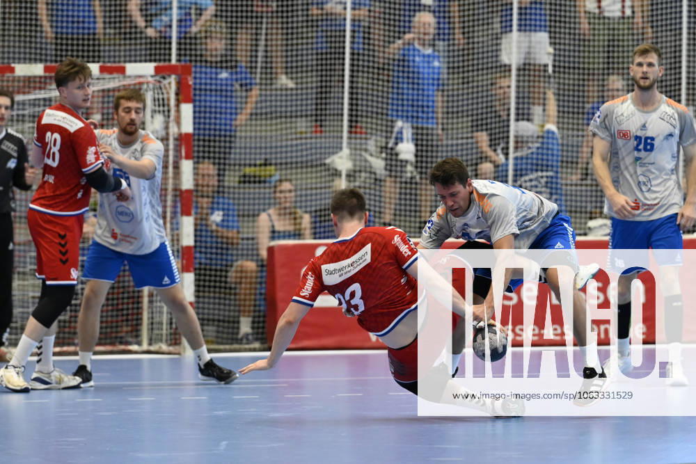 GER, 2 HBL, Repechage, Tusem Essen vs Dessau Rosslauer HV 06 29 6 2025 Essen, Sporthalle am Hallo, GER, 2 HBL, Repechage, Tusem Essen vs Dessau Rosslauer HV 06 2 HBL regulations prohibit any use of photographs as image sequences and or quasi video in the picture fight for the ball by Luis Buschhaus Tusem Essen 23 and Marcel Nowak Dessau Rosslauer HV06 15 NordphotoxGmbHx xFreund nph00018