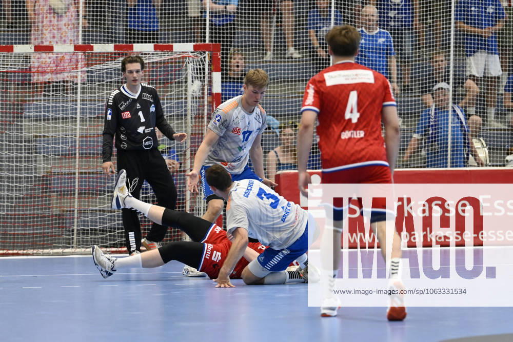 GER, 2 HBL, Repechage, Tusem Essen vs Dessau Rosslauer HV 06 29 6 2025 Essen, Sporthalle am Hallo, GER, 2 HBL, Repechage, Tusem Essen vs Dessau Rosslauer HV 06 2 HBL regulations prohibit any use of photographs as image sequences and or quasi video in the picture fight for the ball by Fynn Gonschor Dessau Rosslauer HV06 3 and Luis Buschhaus Tusem Essen 23 NordphotoxGmbHx xFreund nph00018