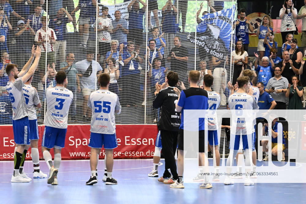 GER, 2 HBL, Repechage, Tusem Essen vs Dessau Rosslauer HV 06 29 6 2025 Essen, Sporthalle am Hallo, GER, 2 HBL, Repechage, Tusem Essen vs Dessau Rosslauer HV 06 2 HBL regulations prohibit any use of photographs as image sequences and or quasi video in the picture Dessau players cheering after the final whistle in front of the fans traveling with them NordphotoxGmbHx xFreund nph00018