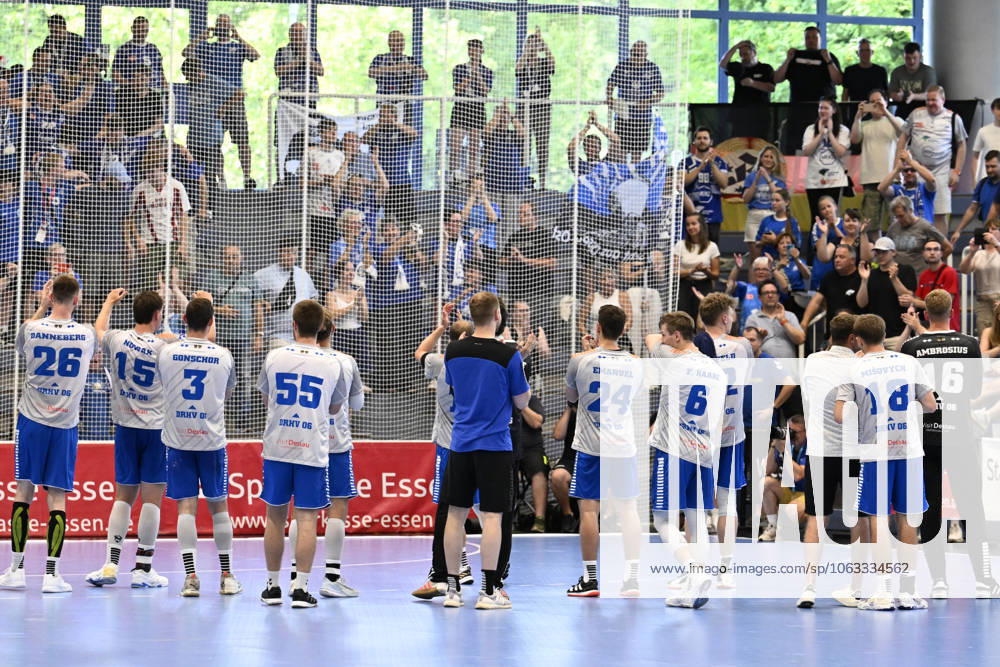 GER, 2 HBL, Repechage, Tusem Essen vs Dessau Rosslauer HV 06 29 6 2025 Essen, Sporthalle am Hallo, GER, 2 HBL, Repechage, Tusem Essen vs Dessau Rosslauer HV 06 2 HBL regulations prohibit any use of photographs as image sequences and or quasi video in the picture Dessau players cheering after the final whistle in front of the fans traveling with them NordphotoxGmbHx xFreund nph00018