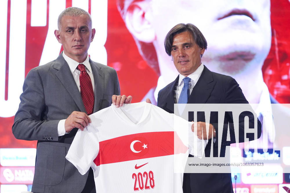 Vincenzo Montella signs a new 2-year contract with the national team, Nationalteam ISTANBUL, TURKIYE - JUNE 30: Turkish Football Federation (TFF) President Ibrahim Haciosmanoglu (L) presents a jersey to Turkish National Football Team Head Coach Vincenzo Montella (R) at the end of a ceremony held at the TFF Hasan Dogan National Teams Camp and Training Facilities after Montella’s contract was extended for two more years in Istanbul, Turkiye, on June 30, 2025. Agit Erdi Ulukaya Anadolu Istanbul Turkey. Editorial use only. Please get in touch for any other usage.