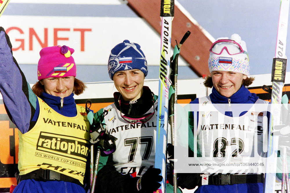 Skiing, Swedish Skiing Games, women, 10 km, classic The prize podium from left Jelena Välbe, Russia two, Nina Gavriljuk, Russia one and Larisa Lasutina, Russia three,