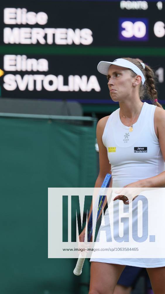 Belgian Elise Mertens reacts during a tennis match against Ukrainian Svitolina, in the third round of the women s singles at the 2025 Wimbledon grand slam tournament, Friday 04 July 2025 at the All England Tennis Club, in South-West London, Britain. BENOITxDOPPAGNE x128429934x