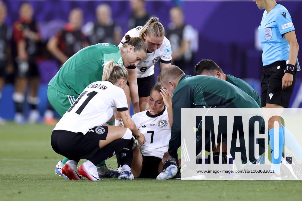 GWINN Giulia captain Germany suffered a serious injury in the first half and had to be replaced by SCHUELLER Lea and goalkeeper BERGER Ann Katrin UEFA Womens EURO 2025 in Switzerland Preliminary round match Germany Poland 2 0 on 04 07 2025 in St Gallen