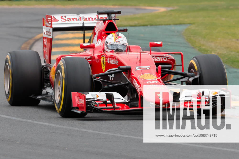 Sebastian Vettel (DEU) 5 from the Scuderia Ferrari team rounds turn two during qualification at the 2015 Australian Formula One Grand Prix at Albert Park, Melbourne, Australia. Sydney Low Cal Media