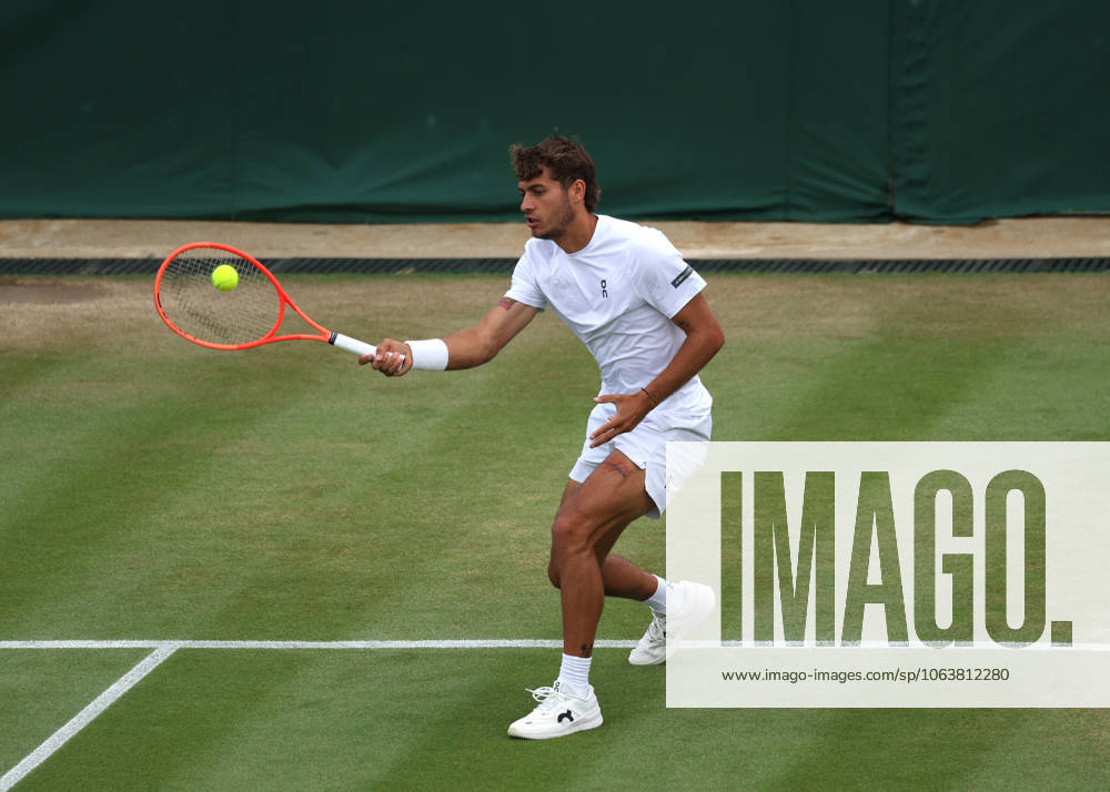 7th July 2025; All England Lawn Tennis and Croquet Club, London, England; Wimbledon Tennis Tournament, Day 8; Flavio Cobolli (ITA) with a forehand shot to Marin Cilic (CRO) ActionPlus12811163 JohnxPatrickxFletcher