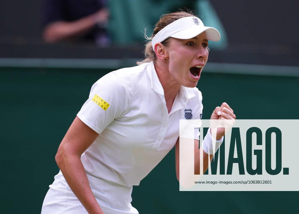 Ekaterina Alexandrova celebrates during the Women s Singles Round of 16 match on day eight of The Championships Wimbledon 2025 at All England Lawn Tennis and Croquet Club on July 07, 2025 in London, England