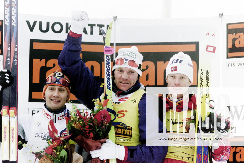 Skiing, World Cup, 10 kilometers classic style Prize podium from left Sami Repo, Finland third, Vladimir Smirnov, Kazakhstan first and Björn Dählie, Norway second