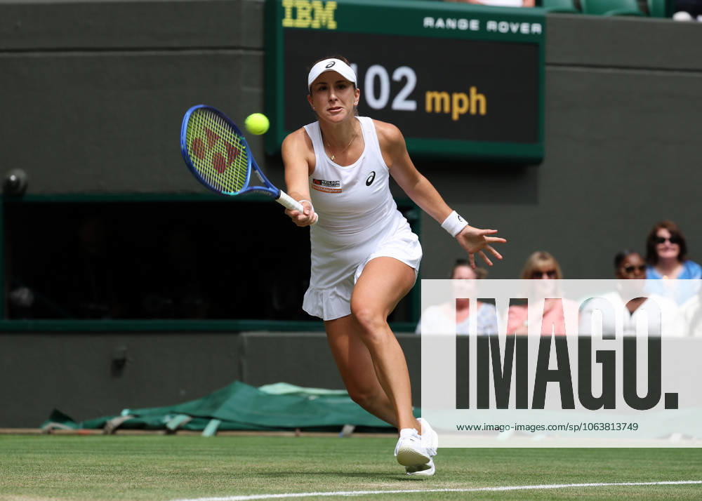 7th July 2025; All England Lawn Tennis and Croquet Club, London, England; Wimbledon Tennis Tournament, Day 8; Belinda Bencic (SUI) with a forehand shot to Ekaterina Alexandrova (RUS) ActionPlus12811202 JohnxPatrickxFletcher