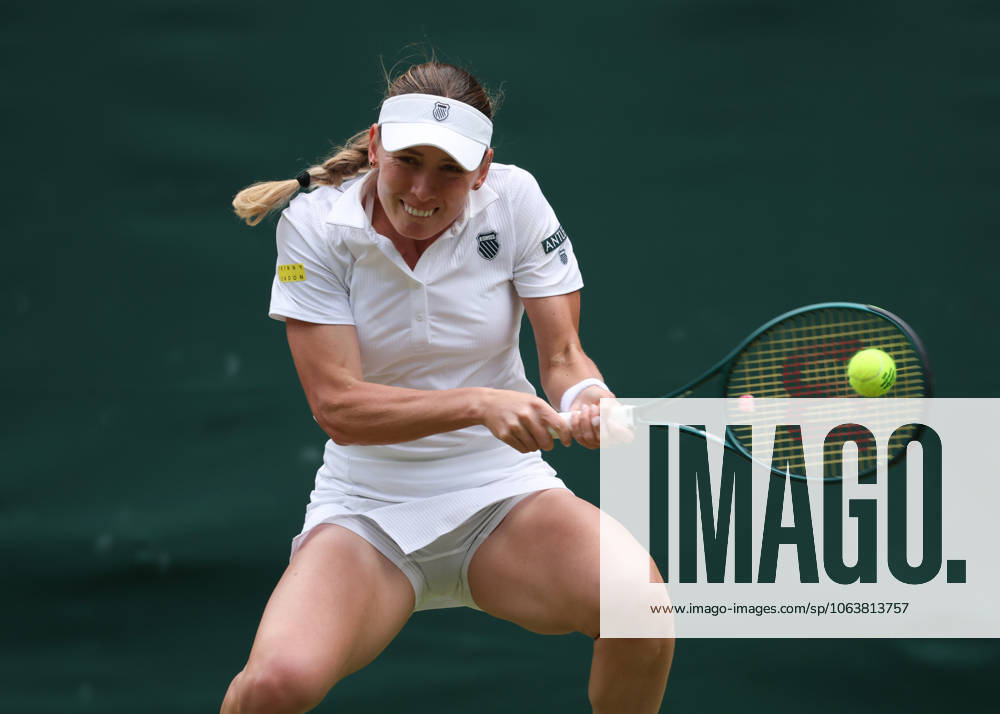 7th July 2025; All England Lawn Tennis and Croquet Club, London, England; Wimbledon Tennis Tournament, Day 8; Ekaterina Alexandrova (RUS) with a backhand shot to Belinda Bencic (SUI) ActionPlus12811206 JohnxPatrickxFletcher