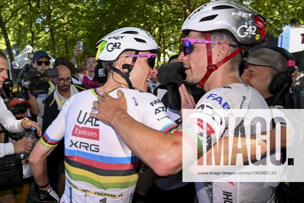 Slovenian Tadej Pogacar of UAE Team Emirates and Portuguese Joao Almeida of UAE Team Emirates celebrate after Pogacar won the fourth stage of the 2025 Tour de France cycling, Amien Metropole - Rouen (173 km), on Tuesday 08 July 2025 in France. The 112th edition of the Tour de France starts on Saturday 5 July in Lille, France, and will finish in Paris, France on the 27th of July. POOLxSZYMONxGRUCHALSKI x128709641x