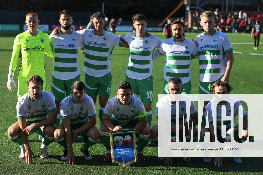 Oswestry, Wales, 8th July 2025. The New Saints line up before the The New Saints vs KF Shkendija UEFA Champions League First Qualifying round 1st Leg match at the Park Hall Stadium, Oswestry. Picture credit should read: James Baylis Sportimage . SPI_006_JB_TNS_KFS SPI-4008-0006