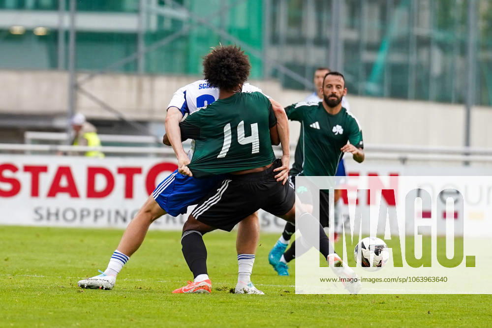 FC Schalke 04 training camp Neustift im Stubaital test match 09 07 2025 FC Schalke 04 vs Panathinaikos Athens Silberstadt Arena Schwaz, Austria Peter Remmert Schalke 04 , Erik Palmer Brown Panathinaikos